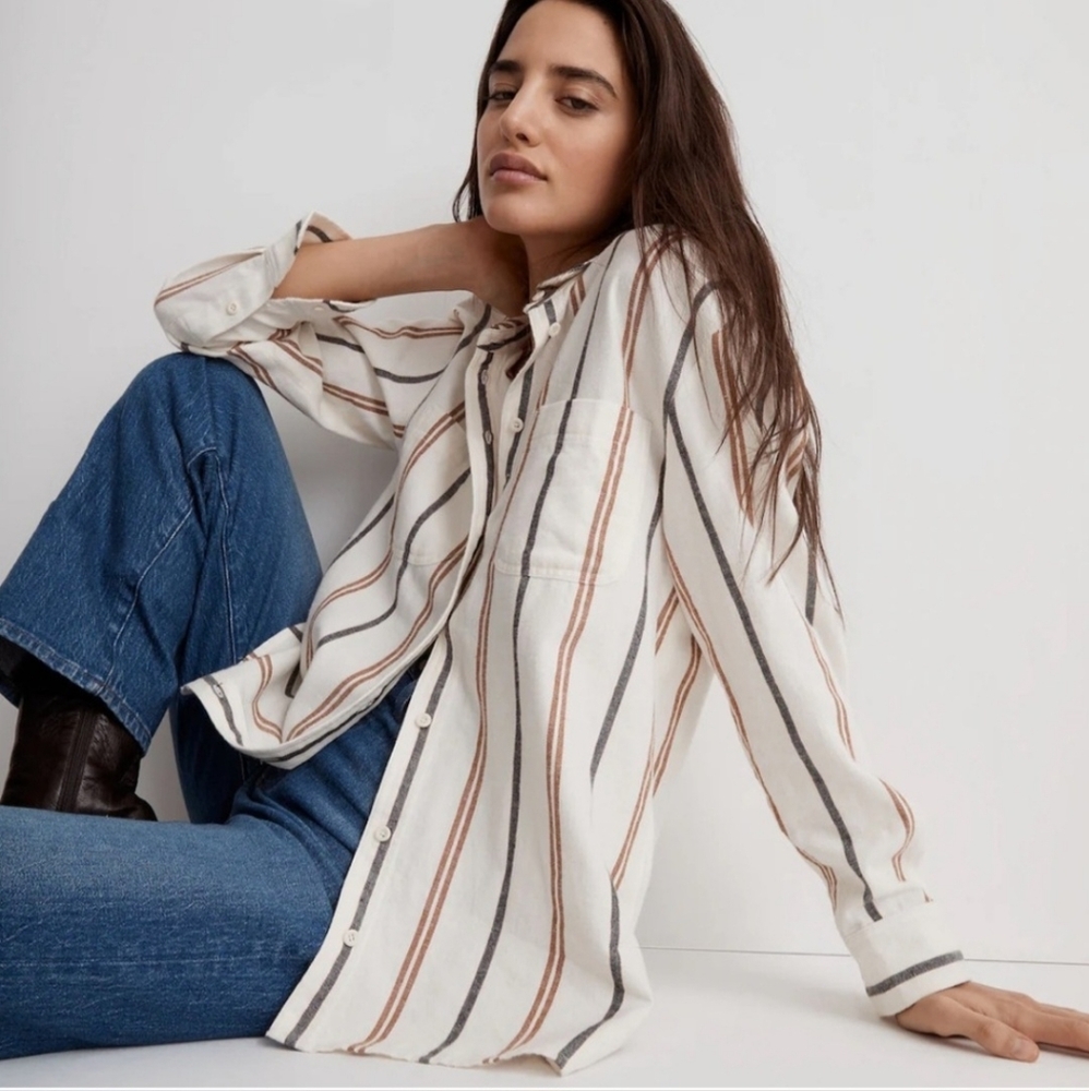 Madewell Women's Cotton Brown Stripe Flannel Oversized Boyfriend Shirt Size XS.